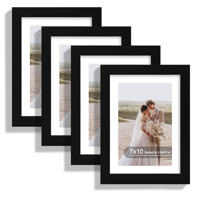 Hongkee 7x10 Picture Frame Set of 4, Made of Real Glass and Black Frame - Display Picture 5.5x8.5 with Mat or 7x10 Without Mat, 7 by 10 Photo for Wall or Tabletop - Image 1